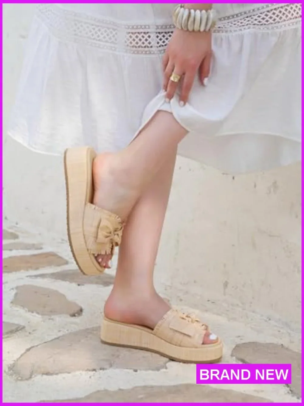 Platform Wedge Sandals Raffia Espadrilles Bow Open Toe Slip On Summer Beach